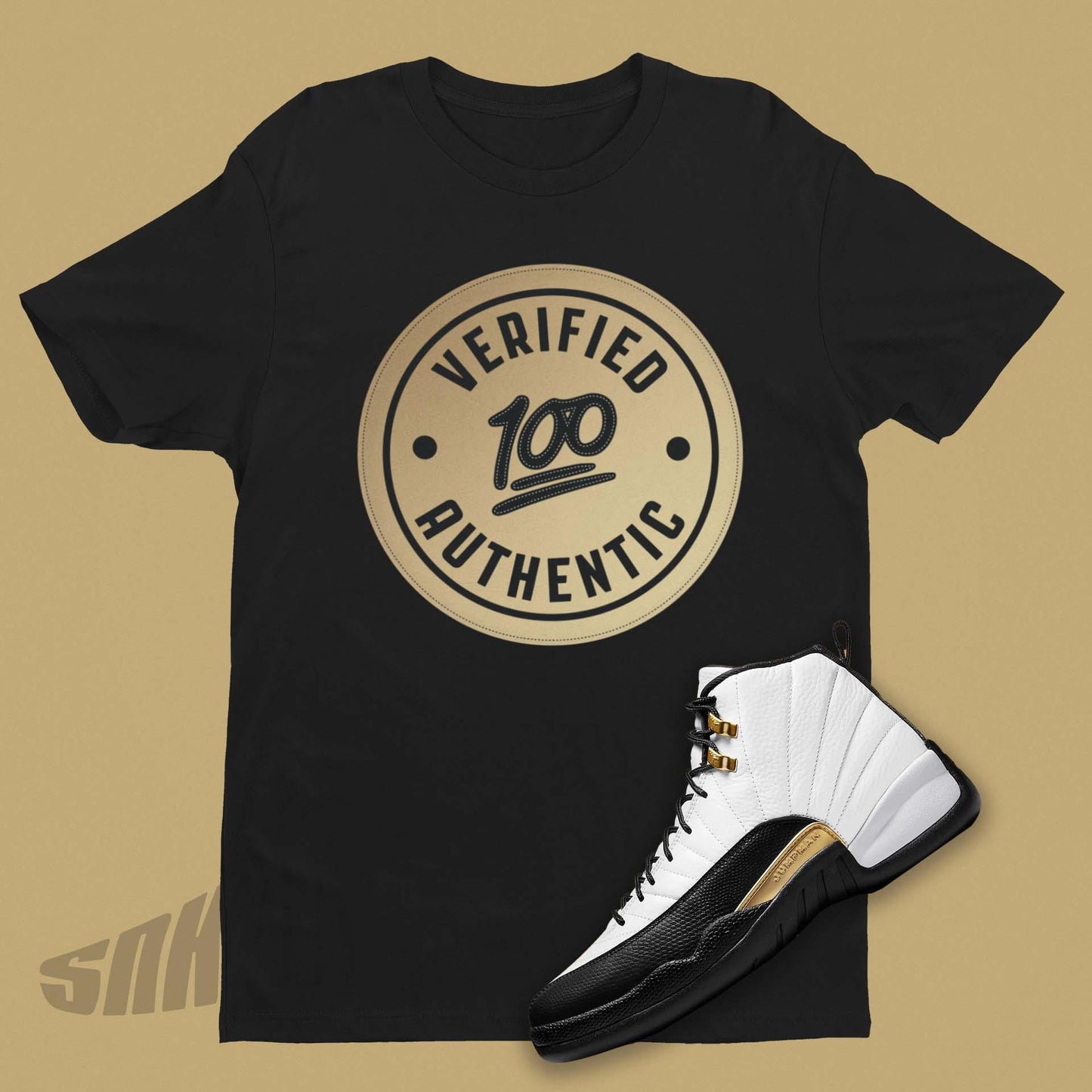 Verified Authentic in Gold on Black T-Shirt Match Air Jordan 12 Royalty Taxi