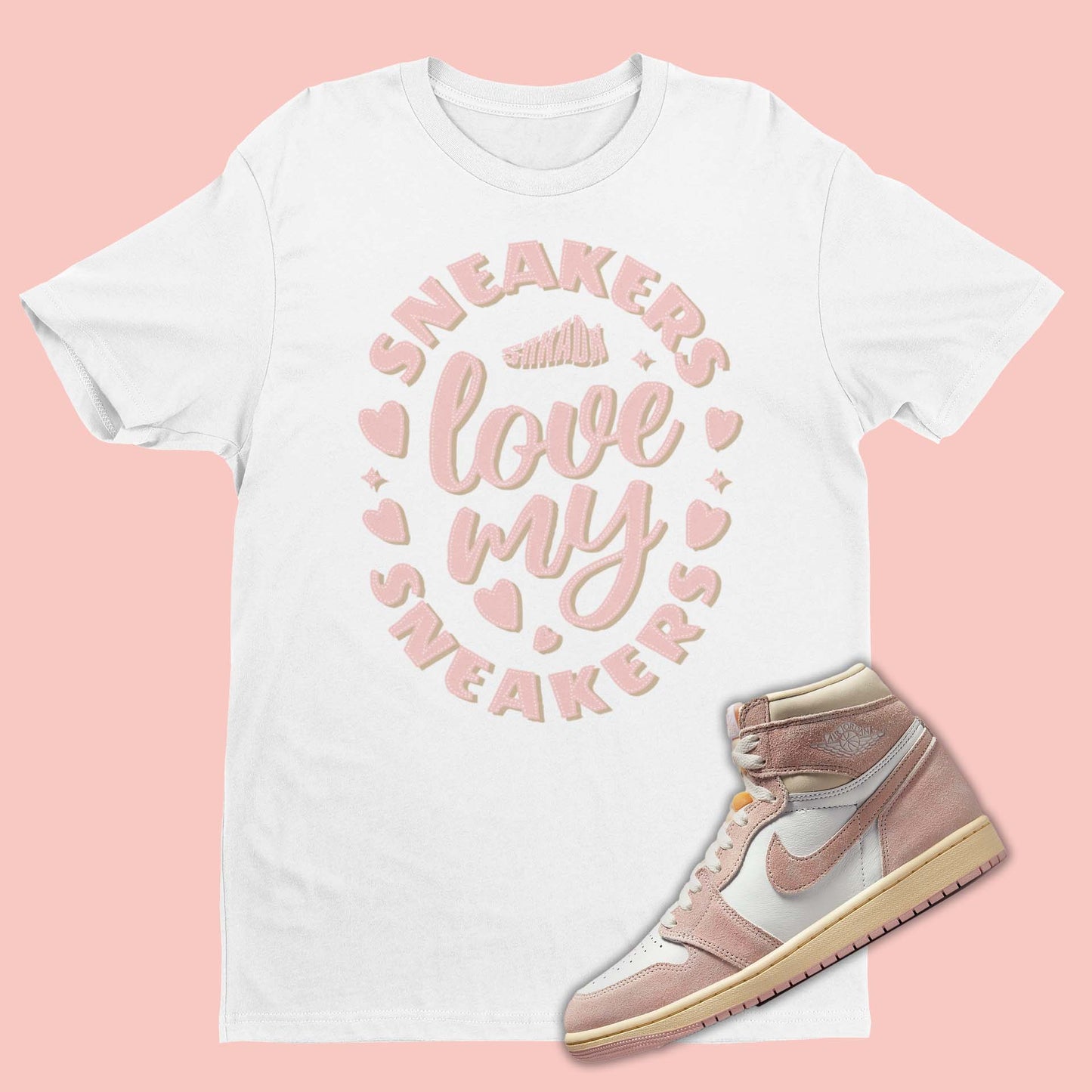 This sneaker match tee is the perfect shirt to match your Air Jordan 1 High Washed Pink. This Retro 1s sneaker match tee will make a great gift for sneakerheads or sneaker collectors. Sneaker match tee for Style Code: FD2596-600. Check out our latest Jordan matching shirts and more shirts to match the Washed Pink 1s available now!